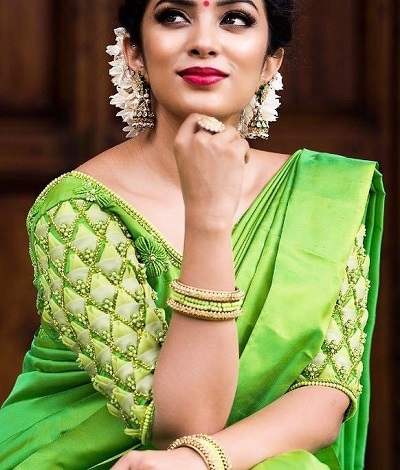 Modern Sleeves Green Silk Blouse For Wedding Sarees