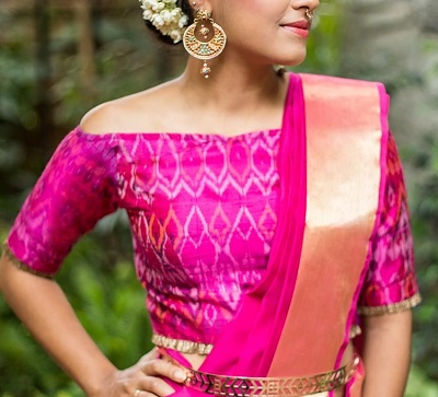 Off Shoulder Cotton Silk Saree Blouse Style