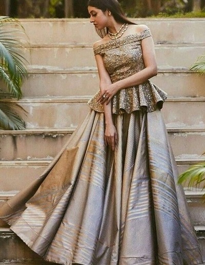 Off Shoulder Peplum Blouse With Silk Lehenga