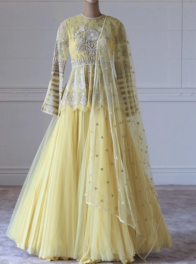 Pale Yellow Embroidered Peplum Lehenga Style