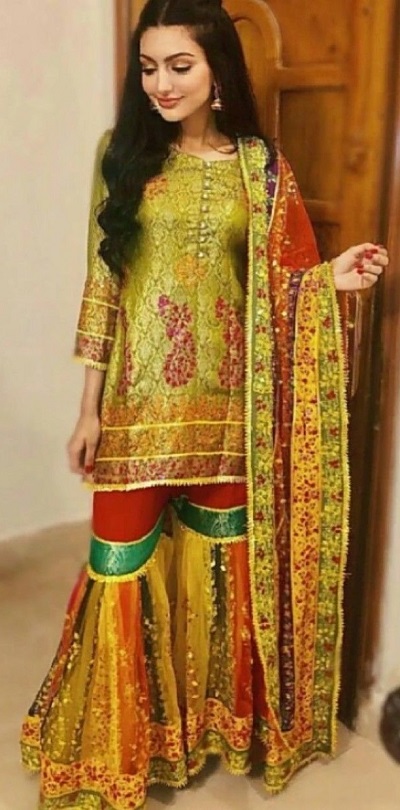Party Wear Multi Coloured Silk Sharara Suit Dupatta