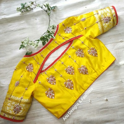 Patch Work Design Yellow Silk Saree Blouse