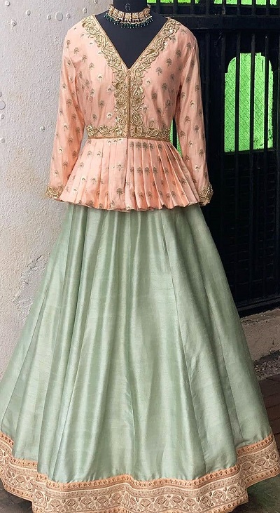 Pleated Peplum Blouse With Plain Lehenga Design