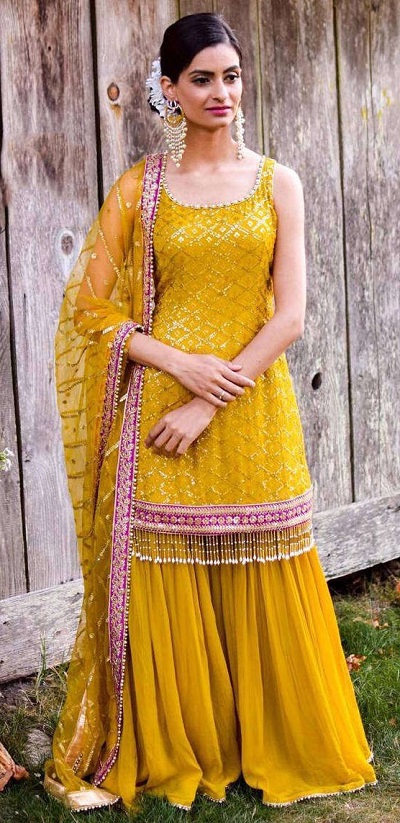 Punjabi Style Net Dupatta Short Sharara Suit