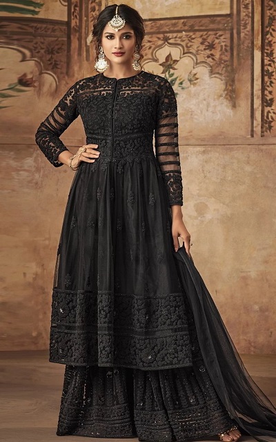 Punjabi Style Net Embroidered Black Sharara Suit