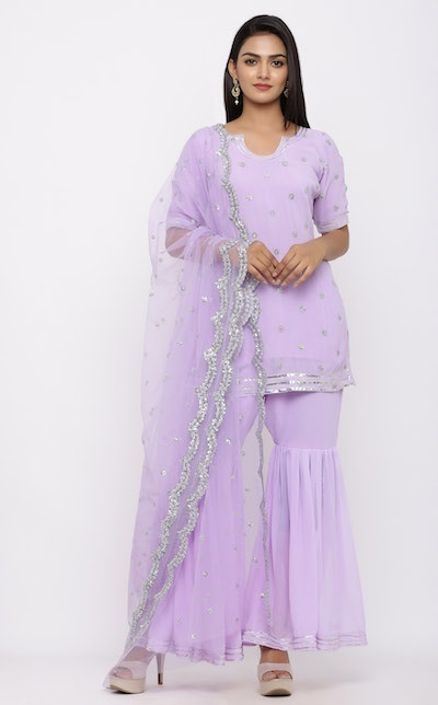 Sequin Studded Short Kurti With Sharara Net Dupatta Set