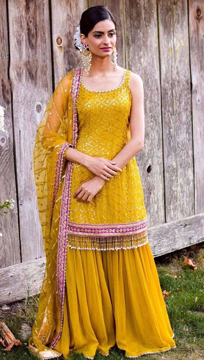 Sharara Suit Set In Yellow Colour With Net Dupatta