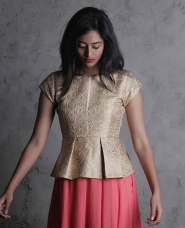 Short Golden brocade short sleeves peplum blouse design