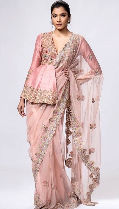 Silk embellished full sleeves peplum blouse for saree