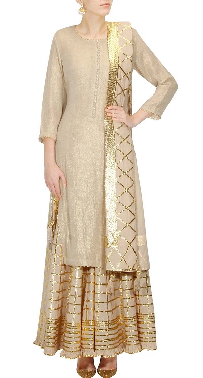 Simple Silk Beige And Gold Sharara Suit Design