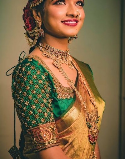 Square Neckline Green Embroidered Silk Blouse