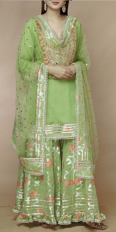 Stylish Gota And Mirror Work Kurti Dupatta Sharara Dress