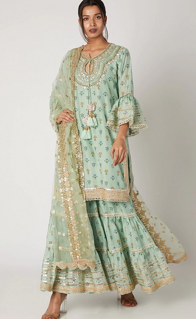 Stylish Gota And Mirror Work Sharara Kurti Dress