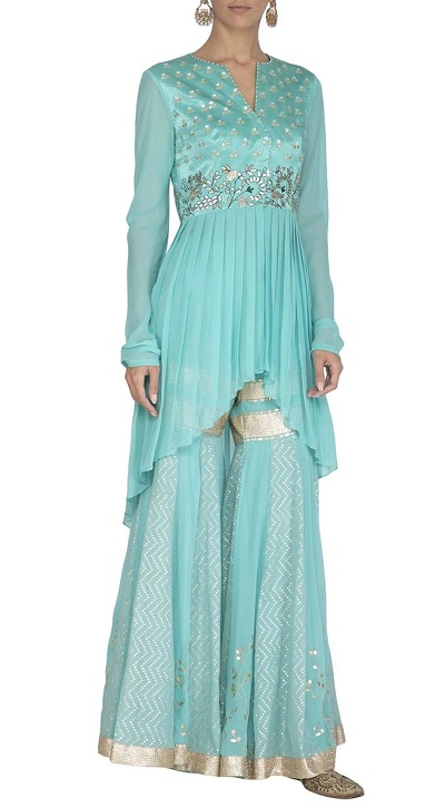 Stylish Ice Blue Kurti With Sharara Dress
