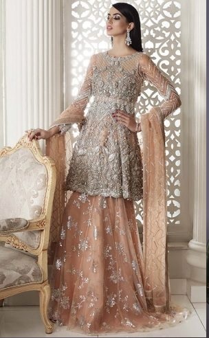 Stylish Sheer Net Peplum Blouse Lehenga Design