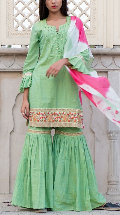 Stylish Short Green Kurti With Sharara Style Palazzo