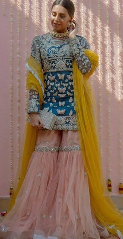 Stylish Short Kurti With Net Pink Sharara Yellow Dupatta Set