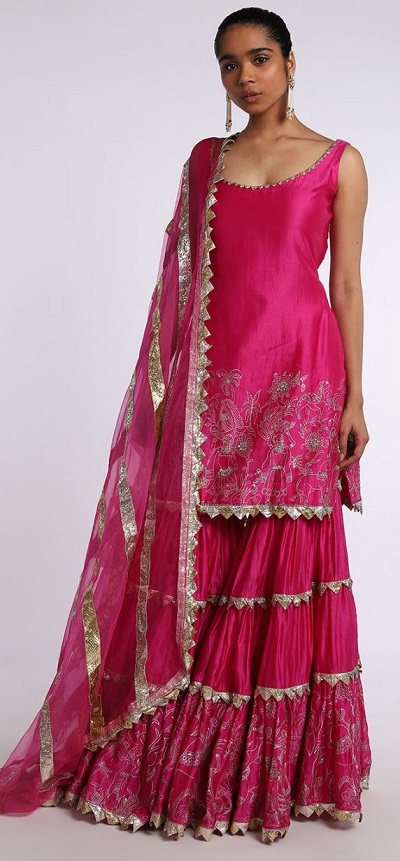 Stylish Sleeveless Hot Pink Sharara Suit For Parties
