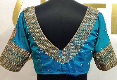 V Back Neck Bead Work Silk Blouse