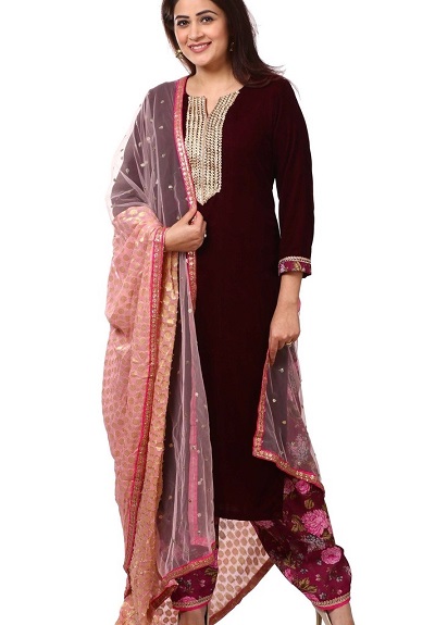 Velvet kurta with net dupatta pattern