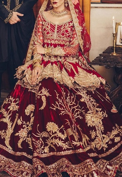 Velvet peplum style lehenga blouse style