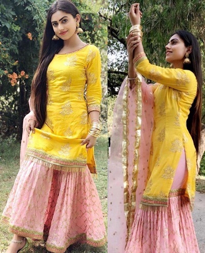 Yellow Kurti With Pink Sharara Dupatta Set