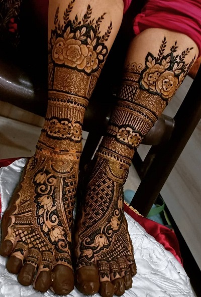 Foot Mehndi Design With Rose Flower And Geometric Pattern
