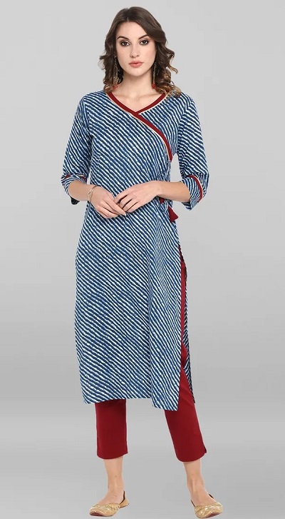 Angrakha style bandhej kurta with solid red pants