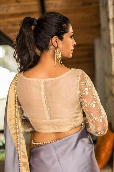 Back button stylish net saree blouse design
