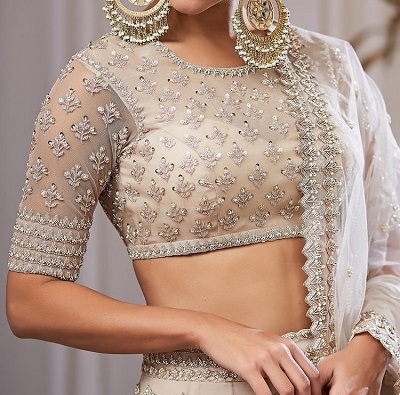 Beige Sequin Studded Net and Silk Saree Blouse Design