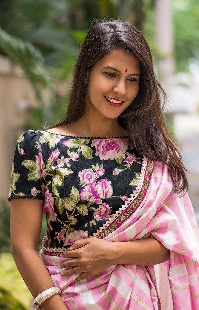 Black cotton printed saree blouse design