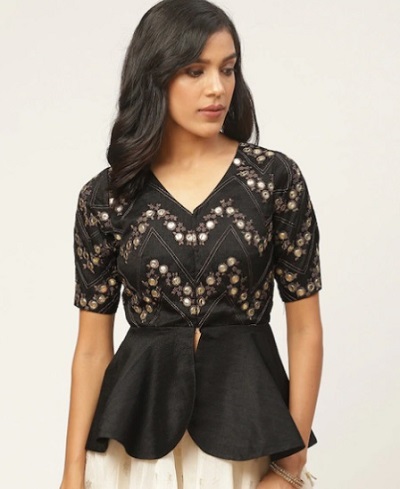 Black embroidered art Silk peplum blouse design