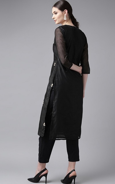 Black long kurti in net fabric with black trousers