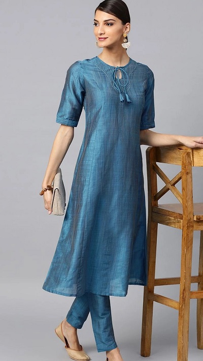 Blue Silk A-line kurta with trouser pants