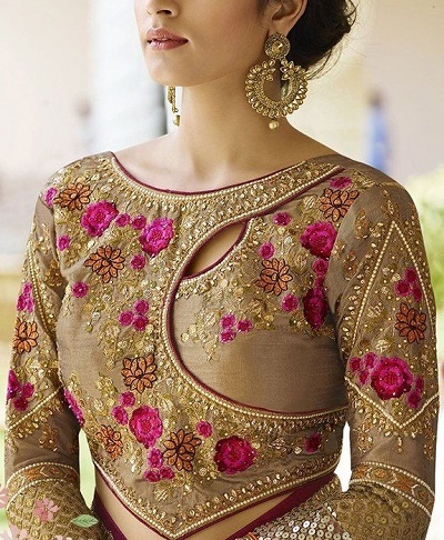 Bridal boat neckline embellished patch work blouse design