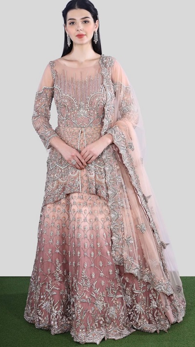 Bridal wear short centre slit kurta lehenga with embroidery