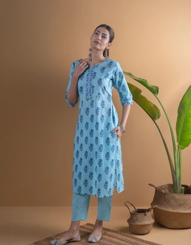 Casual wear blue printed kurta with matching pants