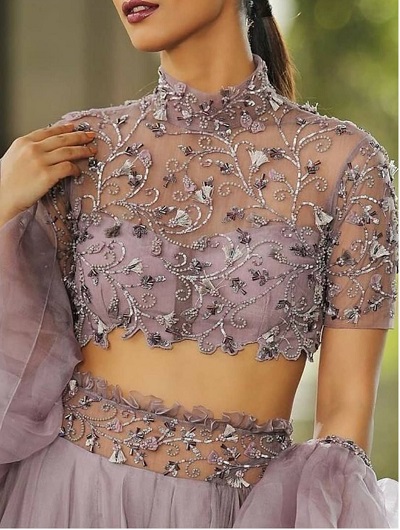 Collared net lehenga blouse with short sleeves
