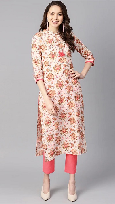 Collared printed long kurta with solid colored pants