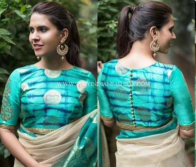 Cotton Silk boat neckline blouse design