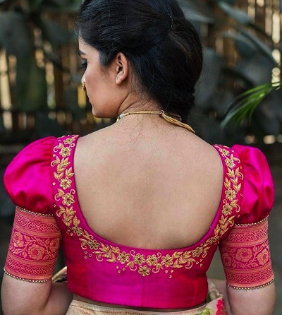 Deep back neckline for silk saree blouse with border 1