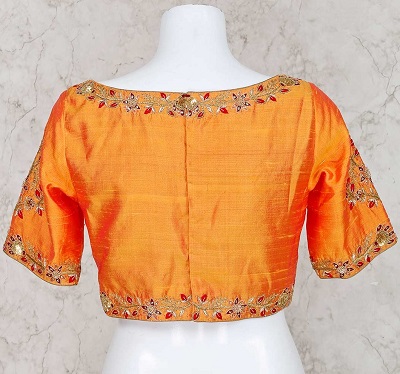 Embroidered Orange Silk Board neckline blouse design