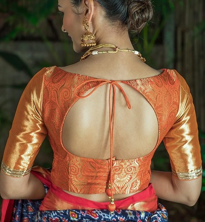 Fancy peach silk blouse design back side patter