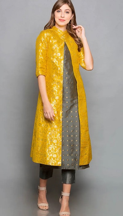 Festive wear layered yellow kurta with charcoal grey pants