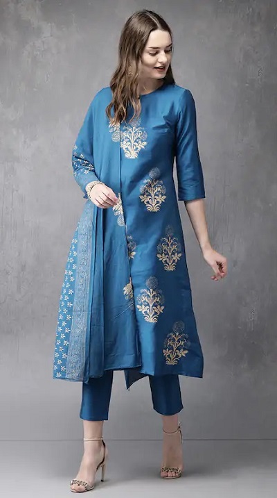 Festive wear silk navy blue kurta with pants and dupatta set