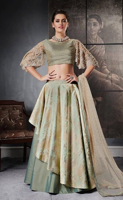 Flowy Sleeves Golden Lehenga Blouse Design