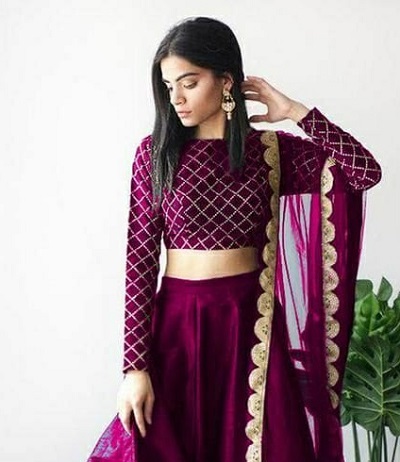 Full Sleeves Velvet Embroidered Blouse For Lehenga