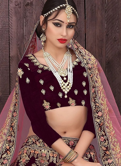 Full Sleeves Velvet Embroidered Lehenga Blouse Design