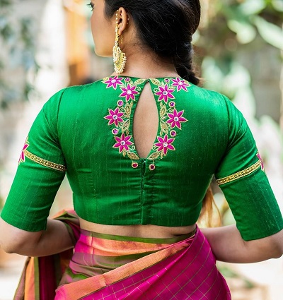 Green embroidered latest saree blouse pattern for back