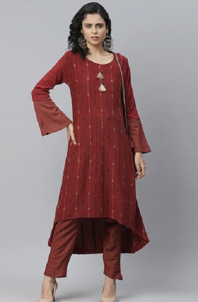 High Low Maroon printed kurta with solid straight pants